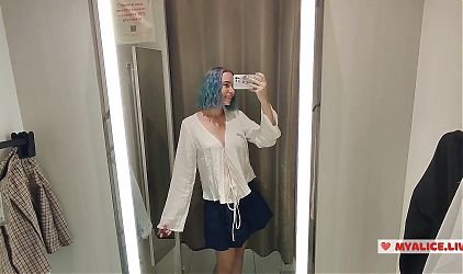 Trying on translucent sexy clothes in a shopping center. Look at me in the fitting room and jerk off to my tits