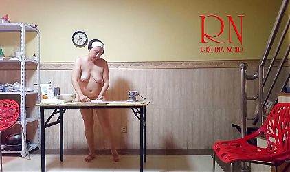 Naked Cooking. Regina Noir, a nudist cook at nudist hotel resort. Nude maid. Naked housewife. 273